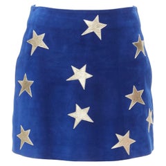 SAINT LAURENT 2018 azul ante dorado cuero metalizado parche estrella minifalda FR38