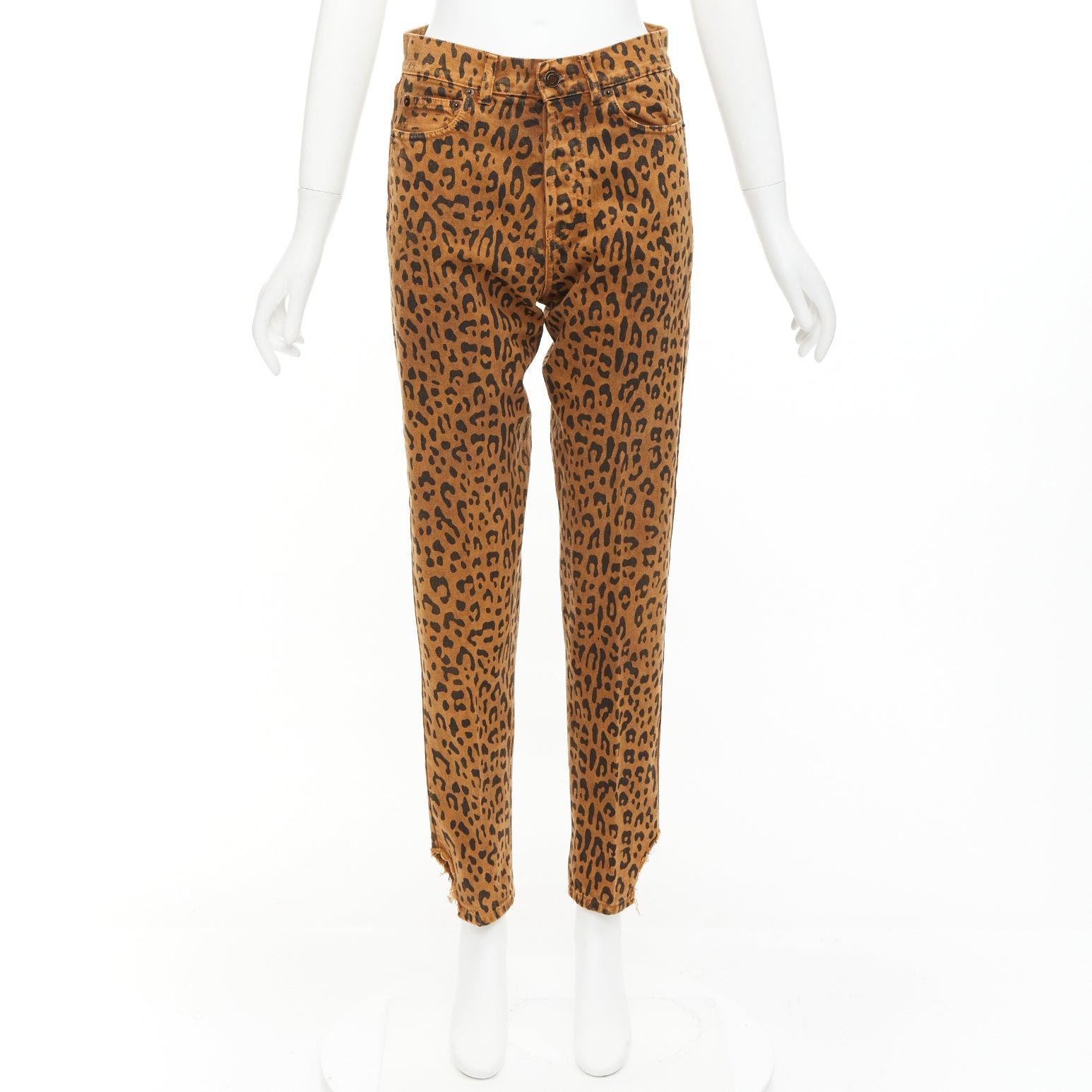 SAINT LAURENT 2018 Brown lopard animal print distressed hem jeans 27