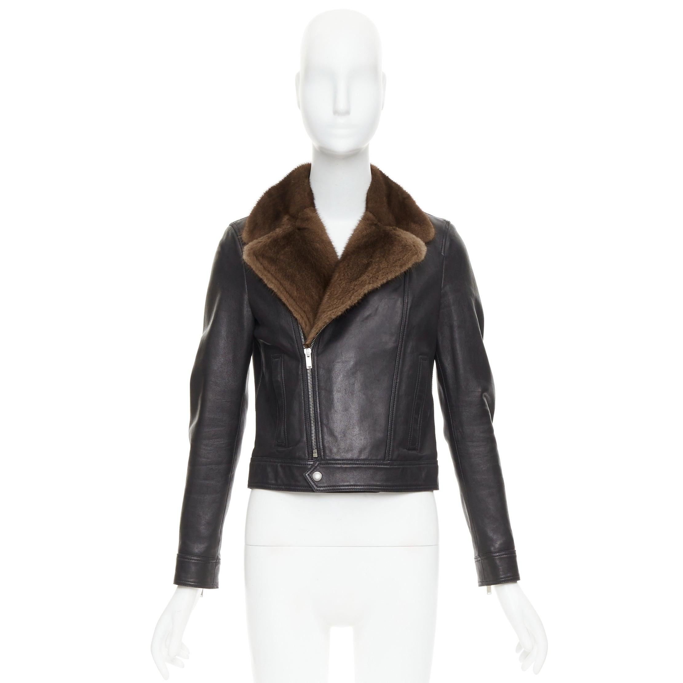 SAINT LAURENT 2018 brown mink fur black lambskin leather biker jacket FR38 M For Sale 6