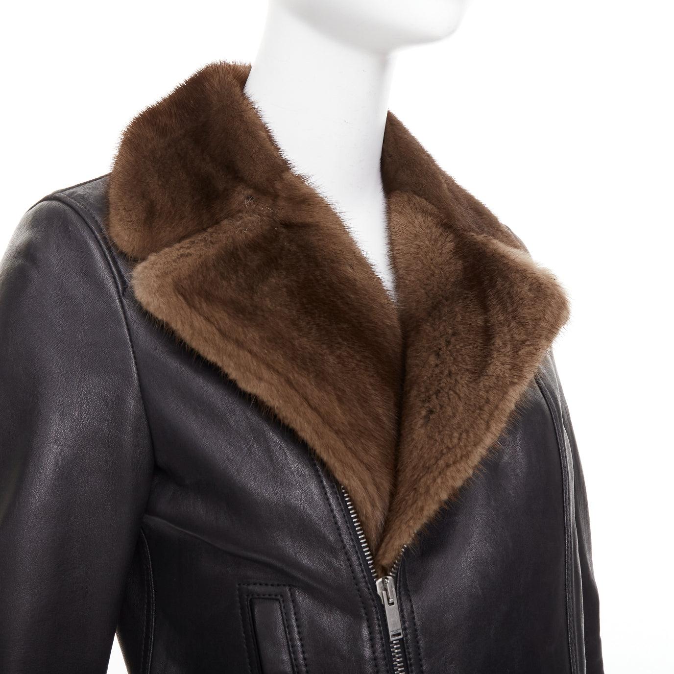 SAINT LAURENT 2018 brown mink fur black lambskin leather biker jacket FR38 M
Reference: JACG/A00296
Brand: Saint Laurent
Designer: Anthony Vaccarello
Collection: 2018
Material: Leather, Fur
Color: Black, Brown
Pattern: Solid
Closure: Zip
Lining: