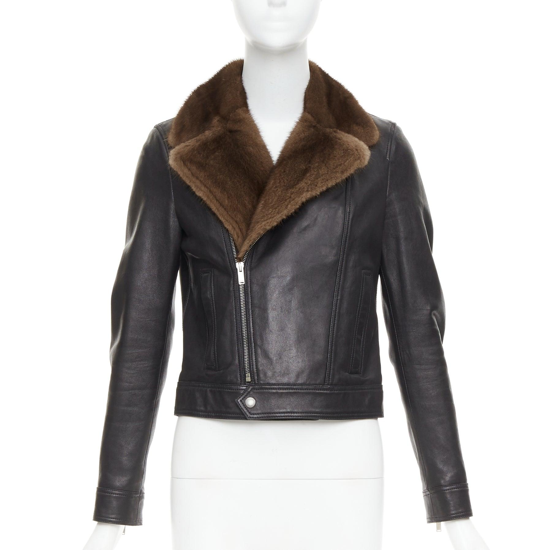 Black SAINT LAURENT 2018 brown mink fur black lambskin leather biker jacket FR38 M For Sale