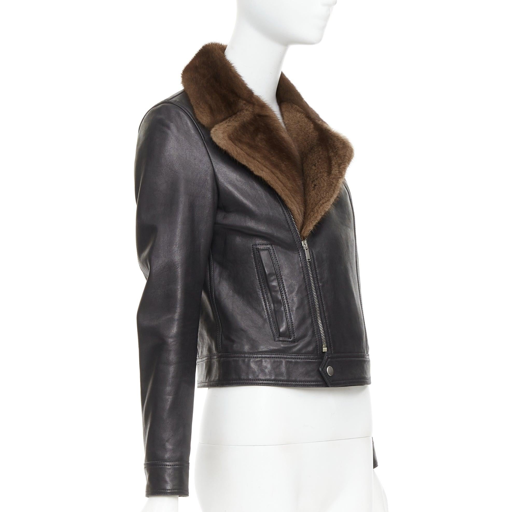 Women's SAINT LAURENT 2018 brown mink fur black lambskin leather biker jacket FR38 M For Sale