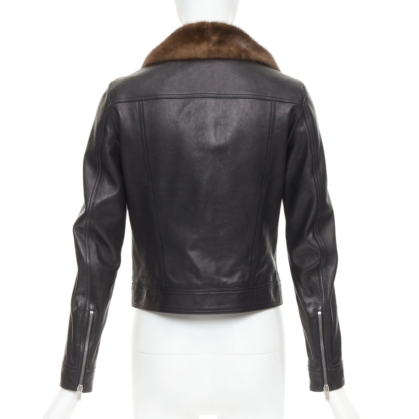 SAINT LAURENT 2018 brown mink fur black lambskin leather biker jacket FR38 M For Sale 2