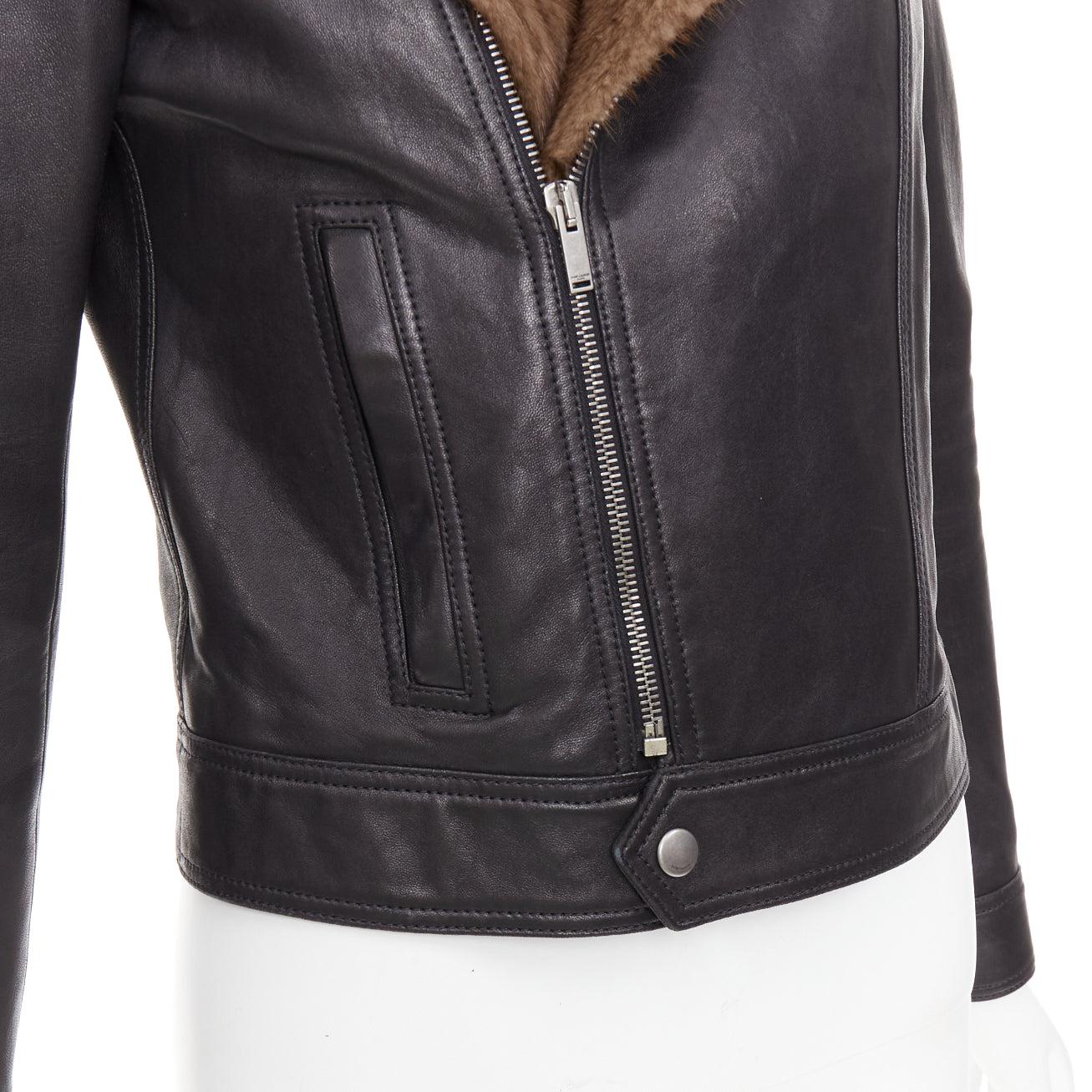 SAINT LAURENT 2018 brown mink fur black lambskin leather biker jacket FR38 M For Sale 4