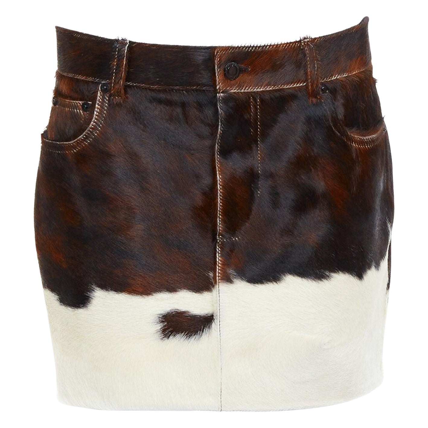 SAINT LAURENT 2018 brown white real calf hair silk lined mini skirt FR38 M
