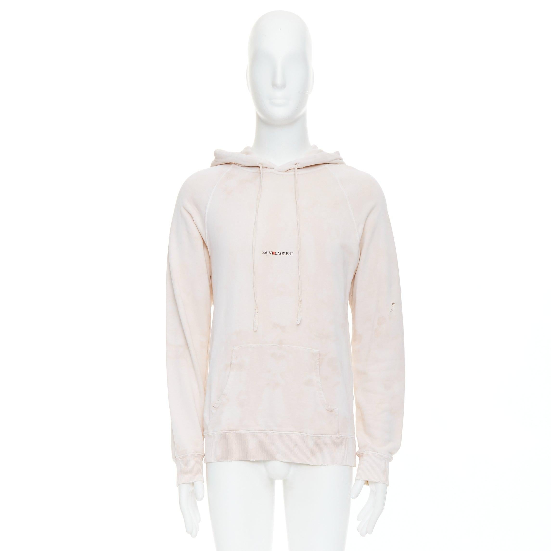 SAINT LAURENT 2018 cream washed tie ye distressed logo hoodie S For Sale 5