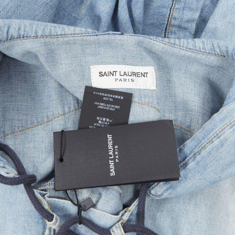 SAINT LAURENT 2018 distressed destroyed denim lace up hoodie pullover S en vente 7