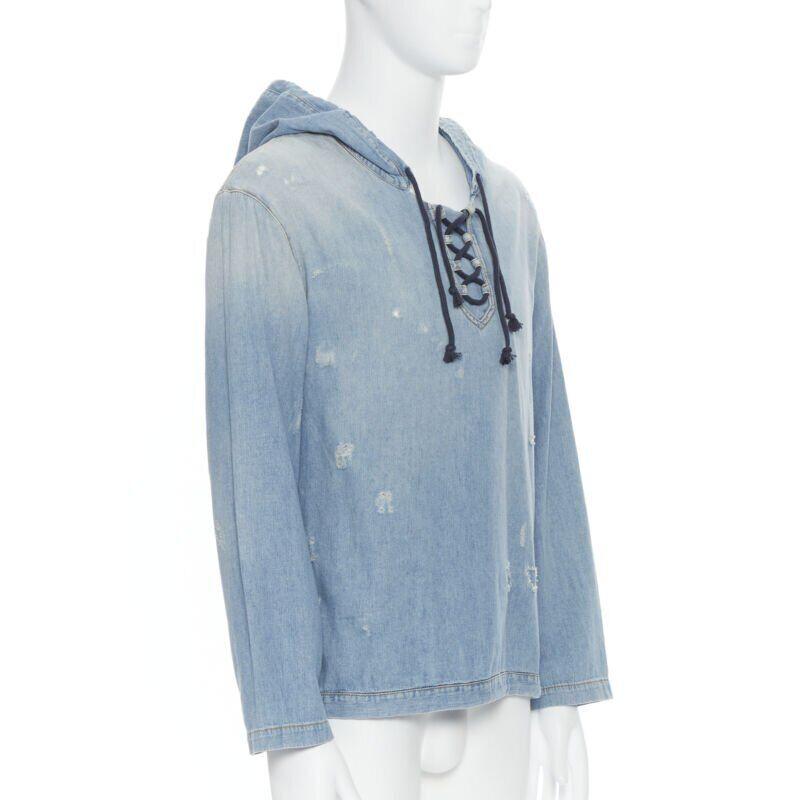 Bleu SAINT LAURENT 2018 distressed destroyed denim lace up hoodie pullover S en vente
