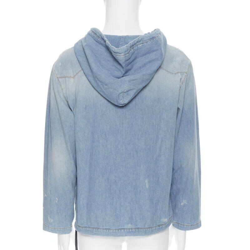 SAINT LAURENT 2018 distressed destroyed denim lace up hoodie pullover S en vente 1