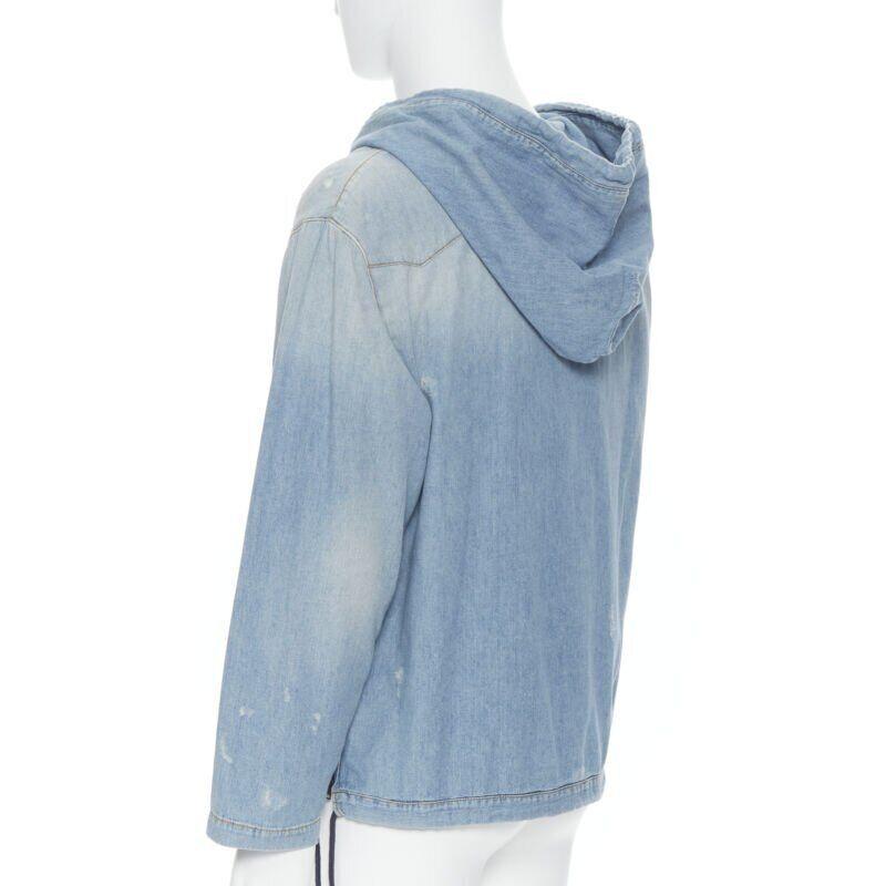 SAINT LAURENT 2018 distressed destroyed denim lace up hoodie pullover S en vente 2