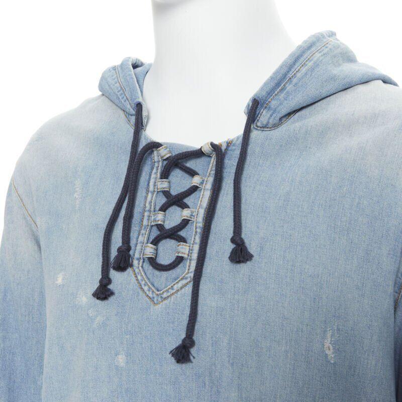 SAINT LAURENT 2018 distressed destroyed denim lace up hoodie pullover S en vente 3