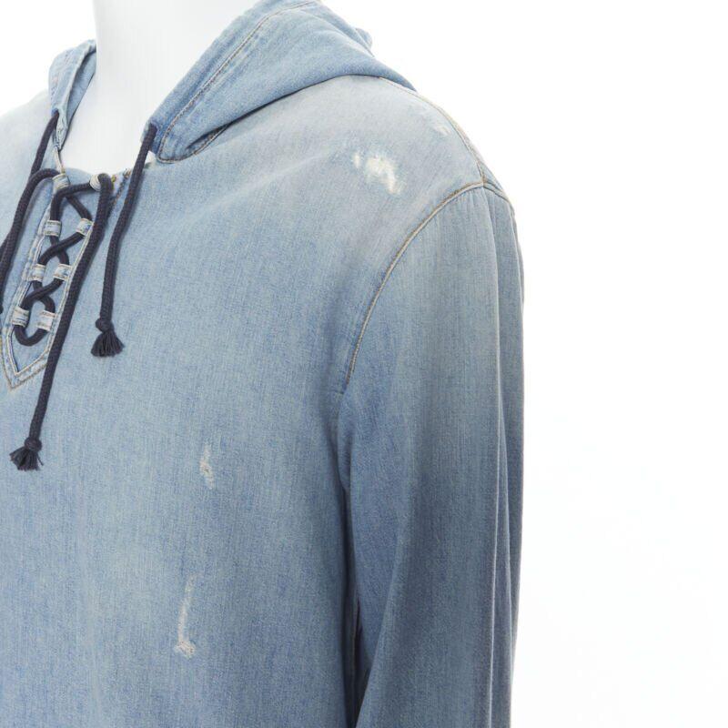 SAINT LAURENT 2018 distressed destroyed denim lace up hoodie pullover S en vente 4
