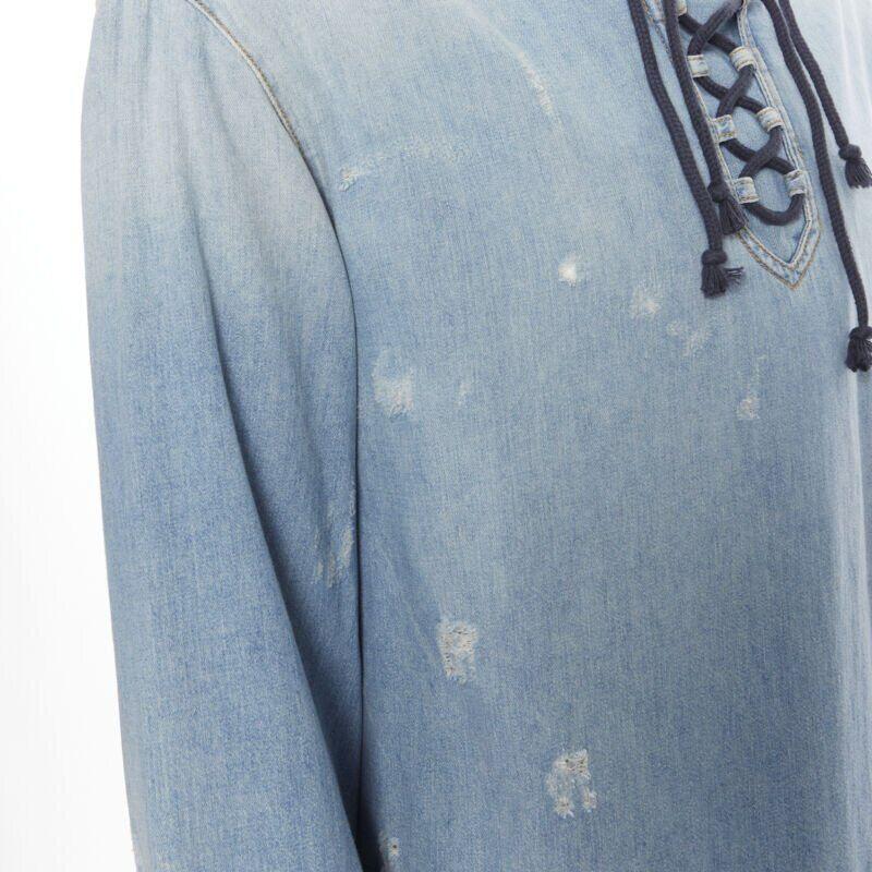 SAINT LAURENT 2018 distressed destroyed denim lace up hoodie pullover S en vente 5