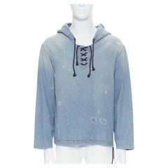 SAINT LAURENT 2018 distressed destroyed denim lace up hoodie pullover S