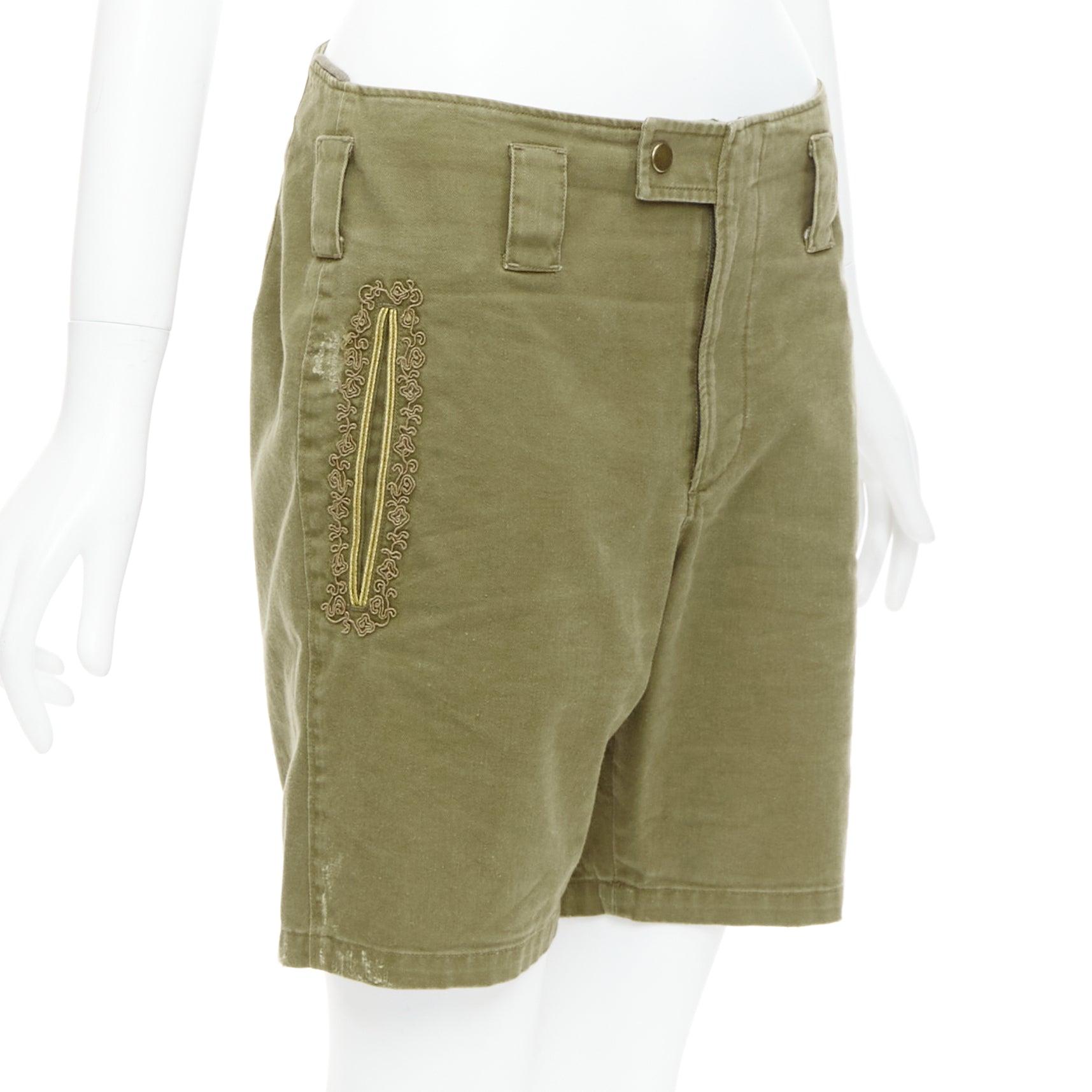 Brown SAINT LAURENT 2018 green gold cotton ramie embroidered military shorts FR36 S For Sale