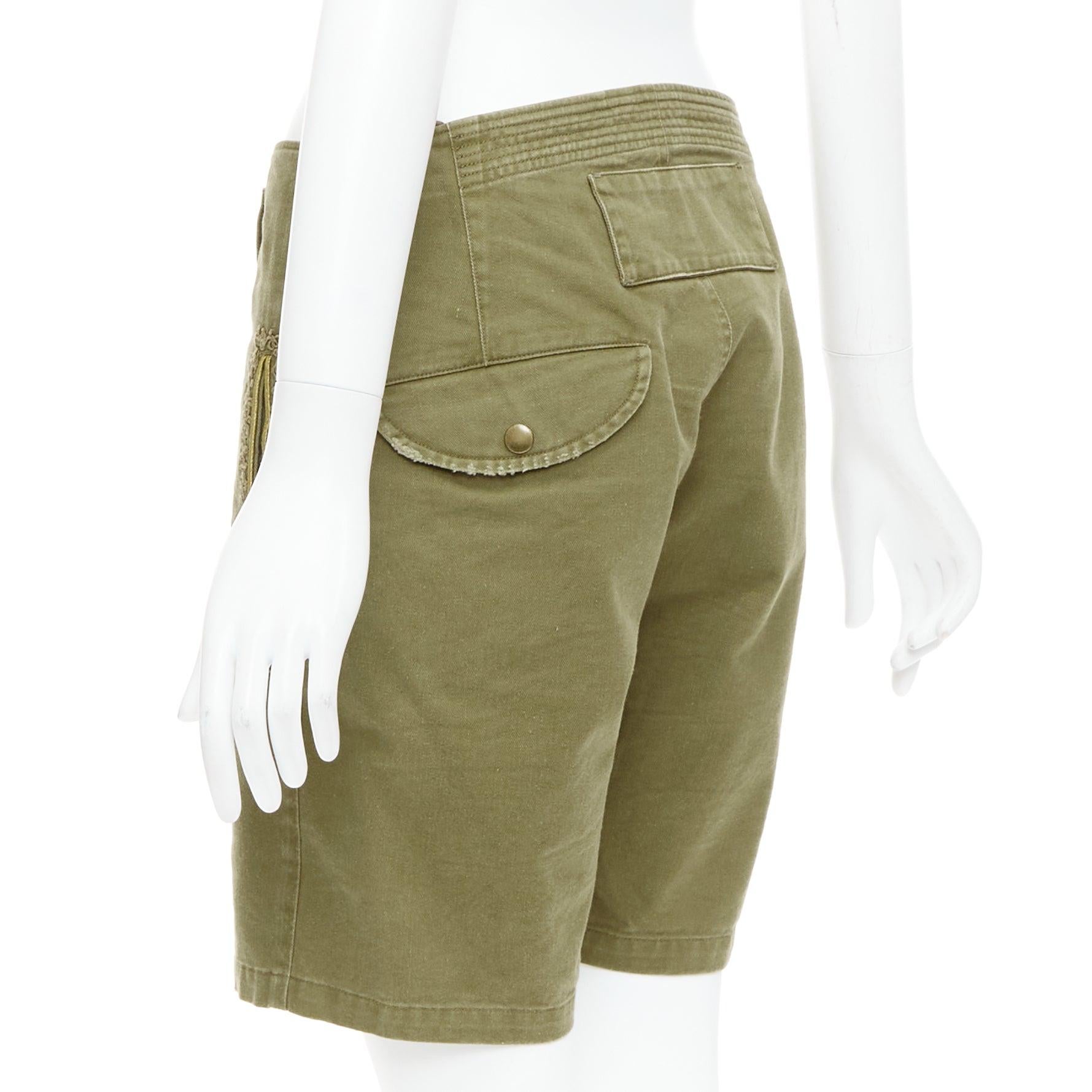 SAINT LAURENT 2018 green gold cotton ramie embroidered military shorts FR36 S For Sale 2