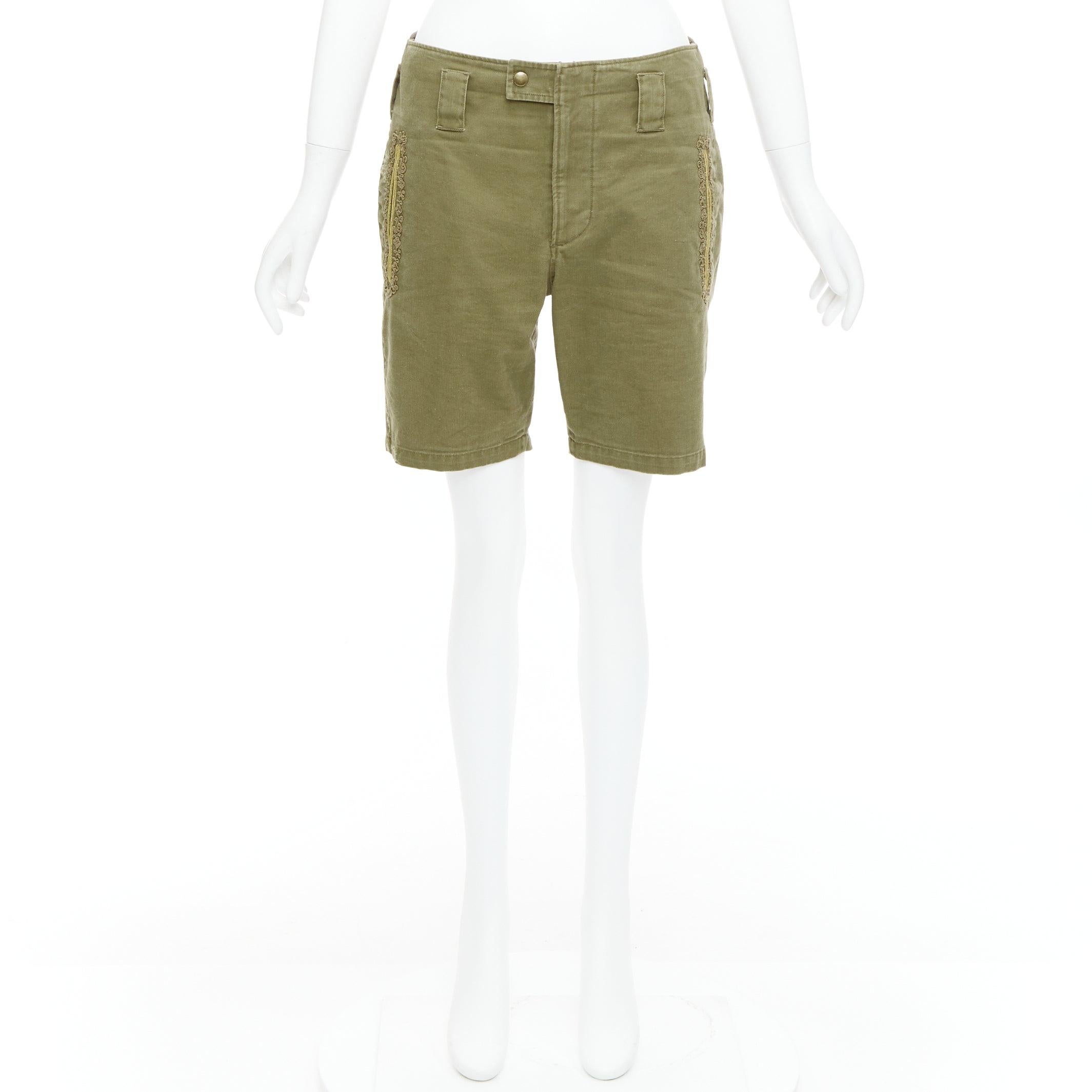 SAINT LAURENT 2018 green gold cotton ramie embroidered military shorts FR36 S For Sale 5