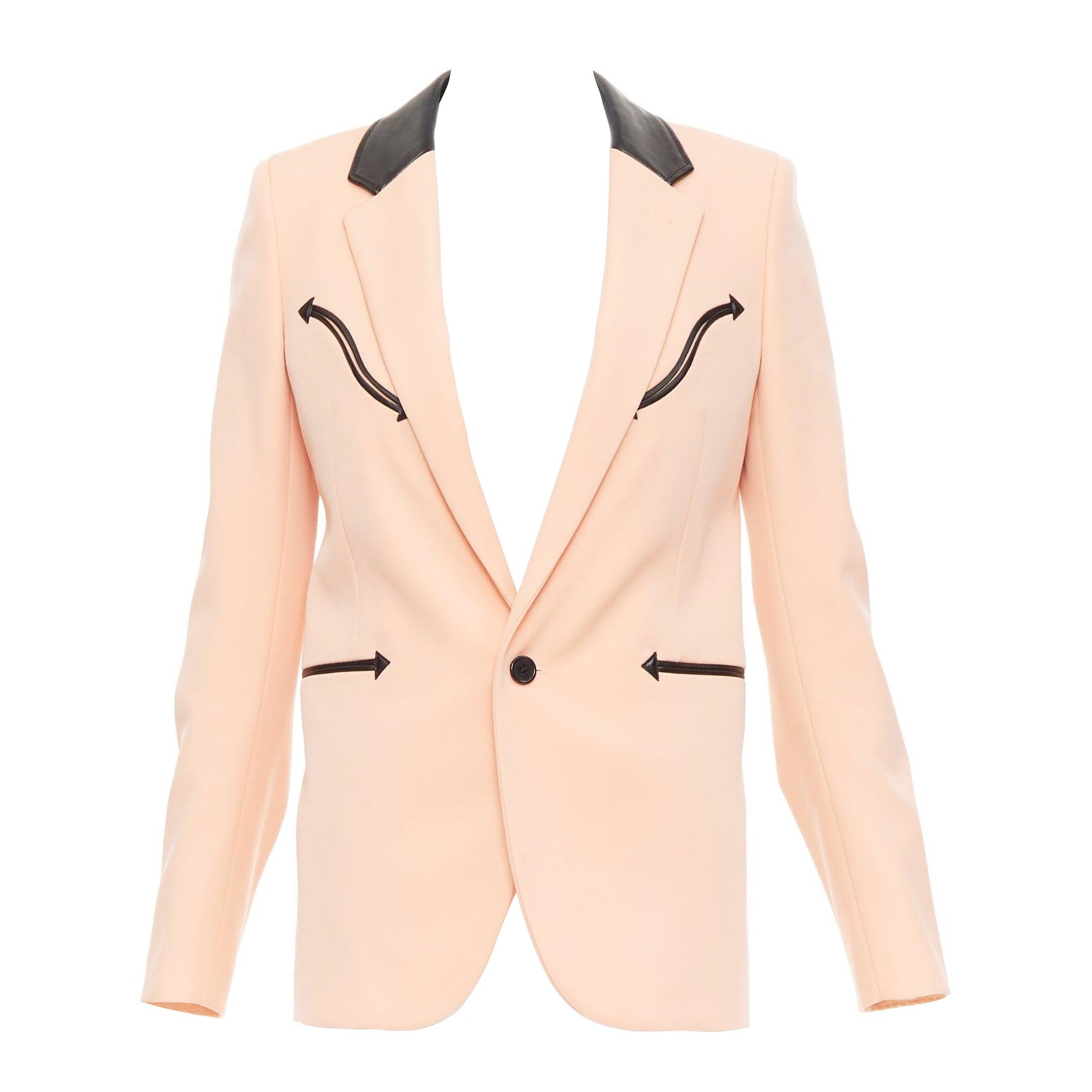 SAINT LAURENT 2018 peach pink wool black leather trim blazer jacket FR36 S