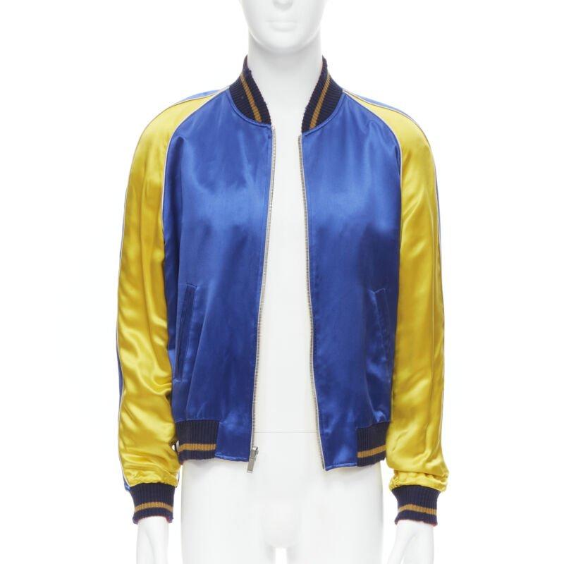 Beige SAINT LAURENT 2018 Reversible yellow blue bird nude embroidery bomber EU48 M For Sale