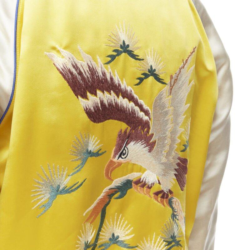 SAINT LAURENT 2018 Bomber reversibile giallo blu uccello nudo ricamato EU48 M in vendita 4