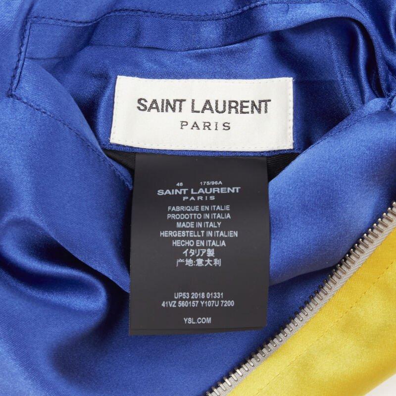 SAINT LAURENT 2018 Reversible yellow blue satin bird embroidery bomber EU50 For Sale 8