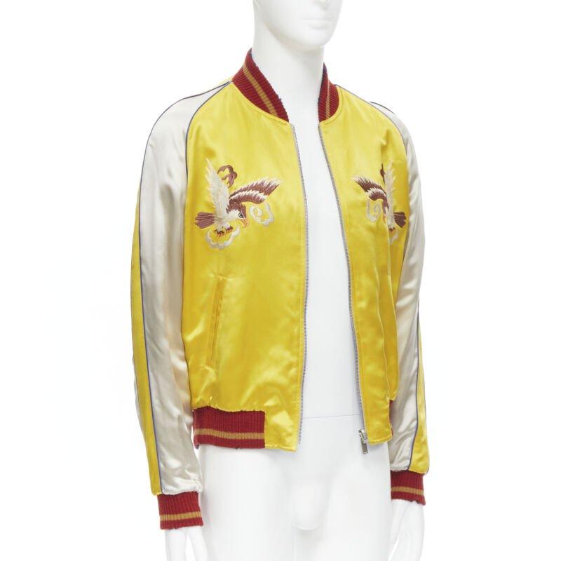 Men's SAINT LAURENT 2018 Reversible yellow blue satin bird embroidery bomber EU50 For Sale