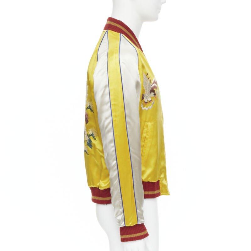 SAINT LAURENT 2018 Reversible yellow blue satin bird embroidery bomber EU50 For Sale 1