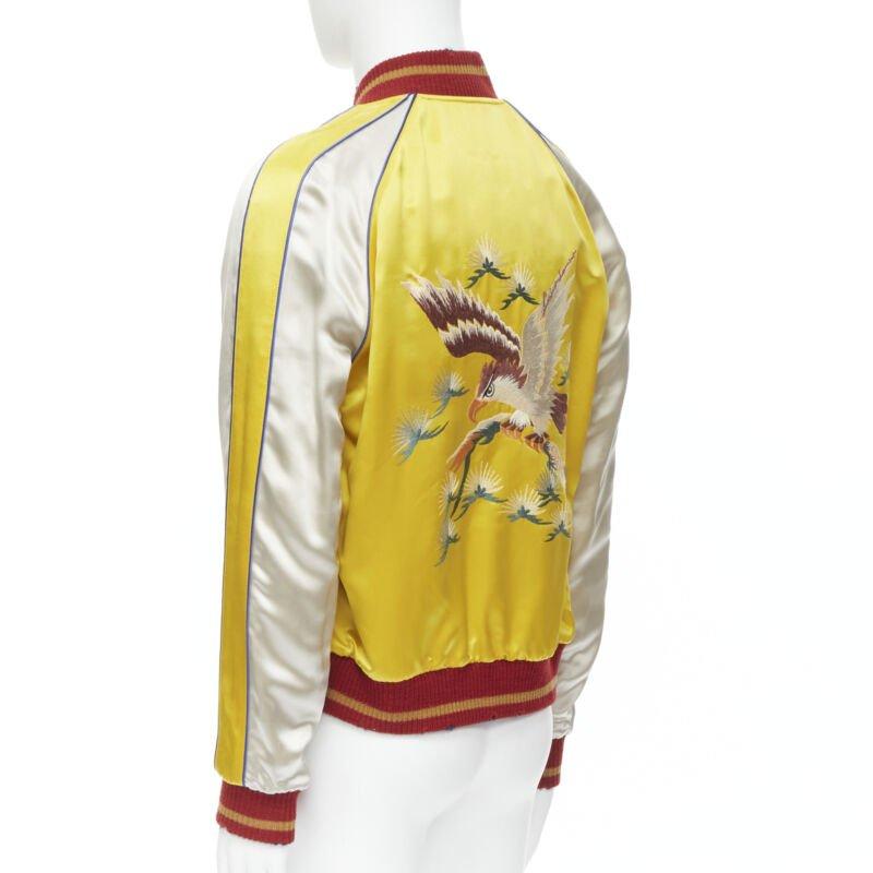 SAINT LAURENT 2018 Reversible yellow blue satin bird embroidery bomber EU50 For Sale 3