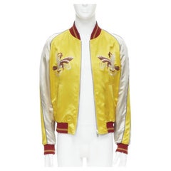 SAINT LAURENT 2018 Reversible yellow blue satin bird embroidery bomber EU50
