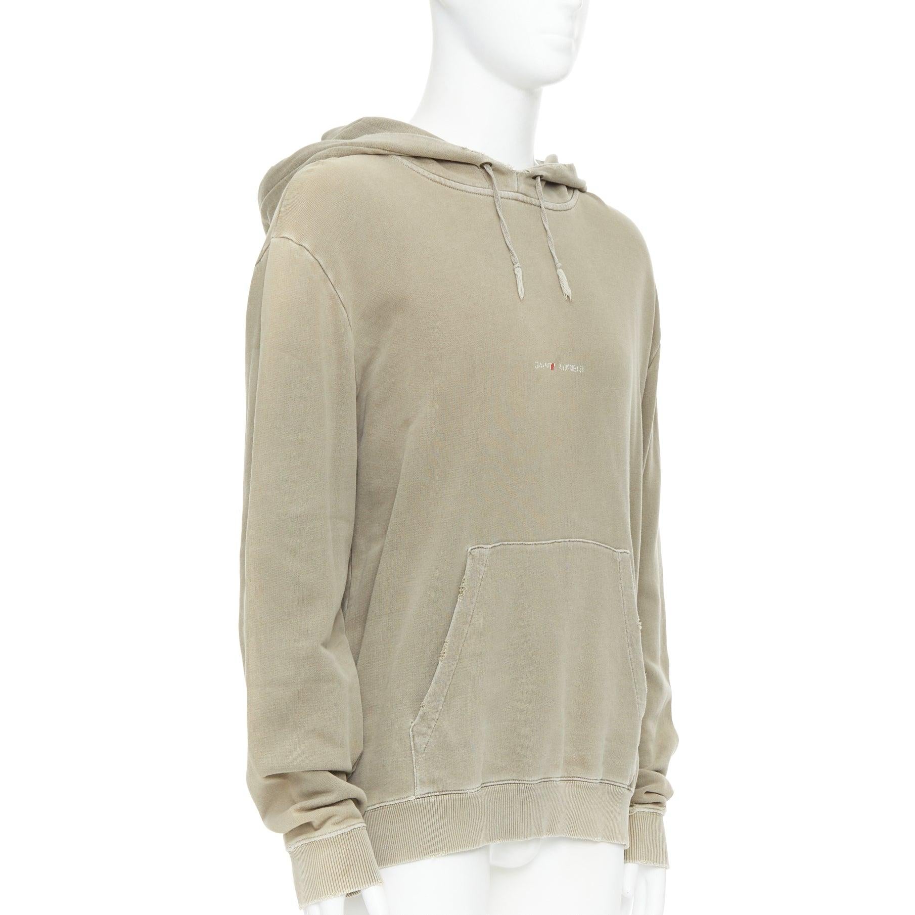 Brown SAINT LAURENT 2018 stone cotton distressed washed logo hoodie S For Sale