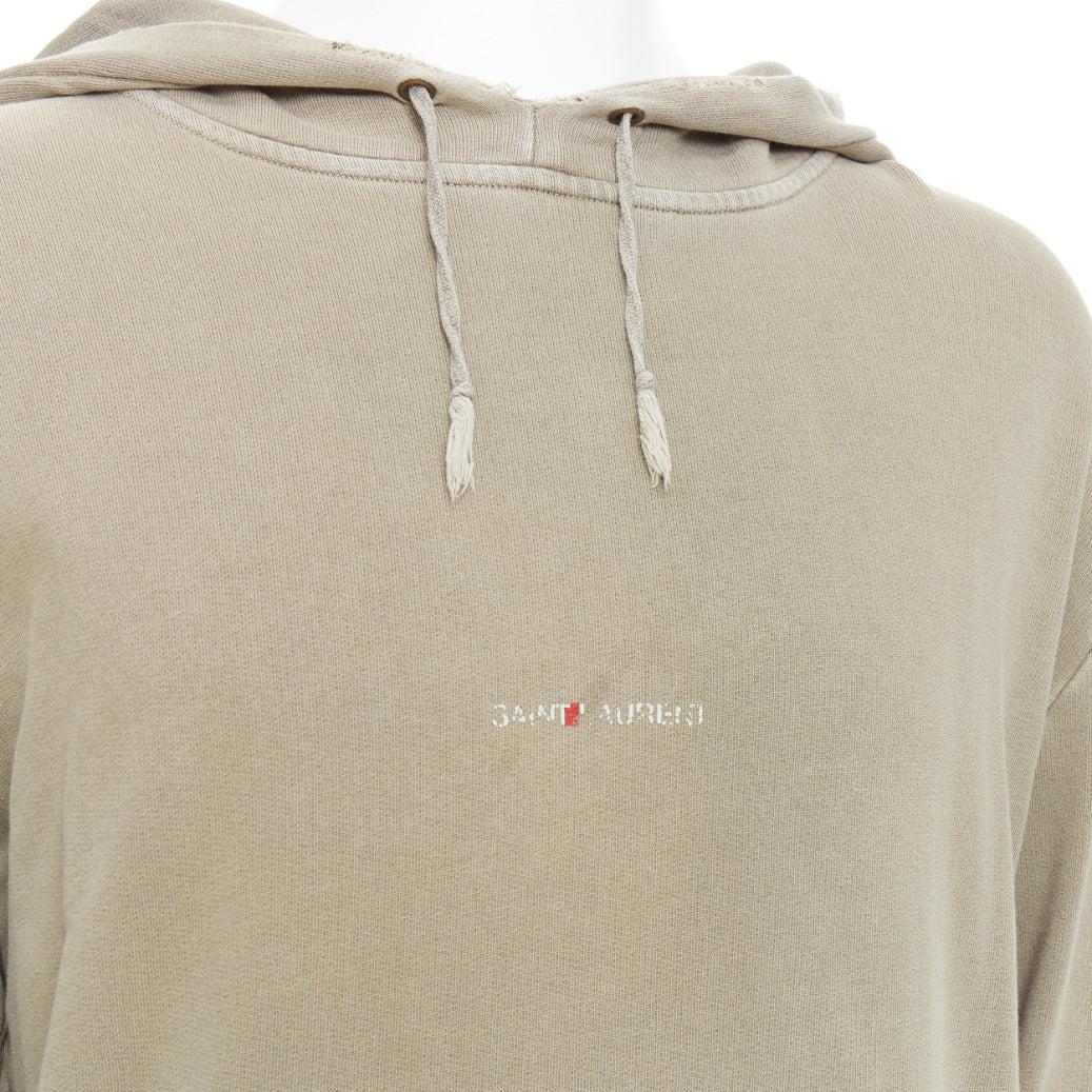 SAINT LAURENT 2018 stone cotton distressed washed logo hoodie S For Sale 3