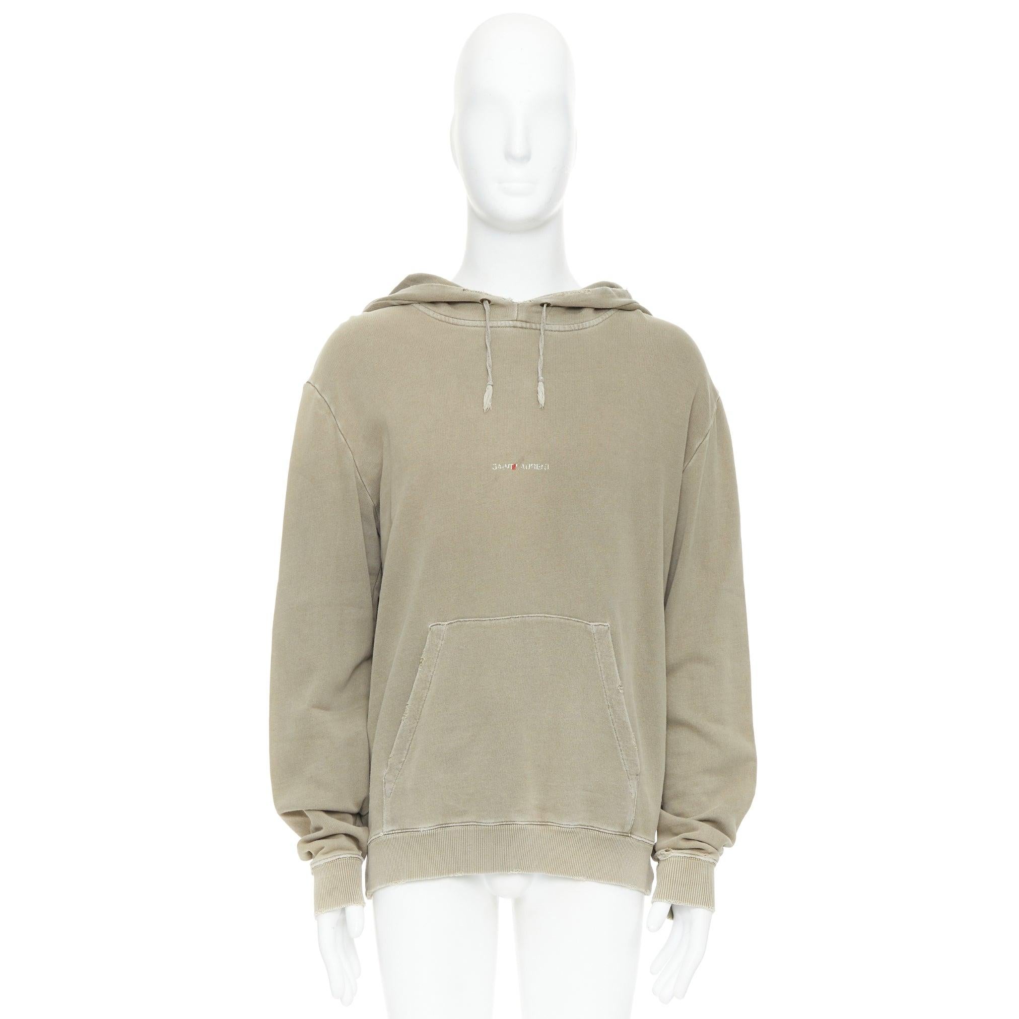 SAINT LAURENT 2018 stone cotton distressed washed logo hoodie S For Sale 5