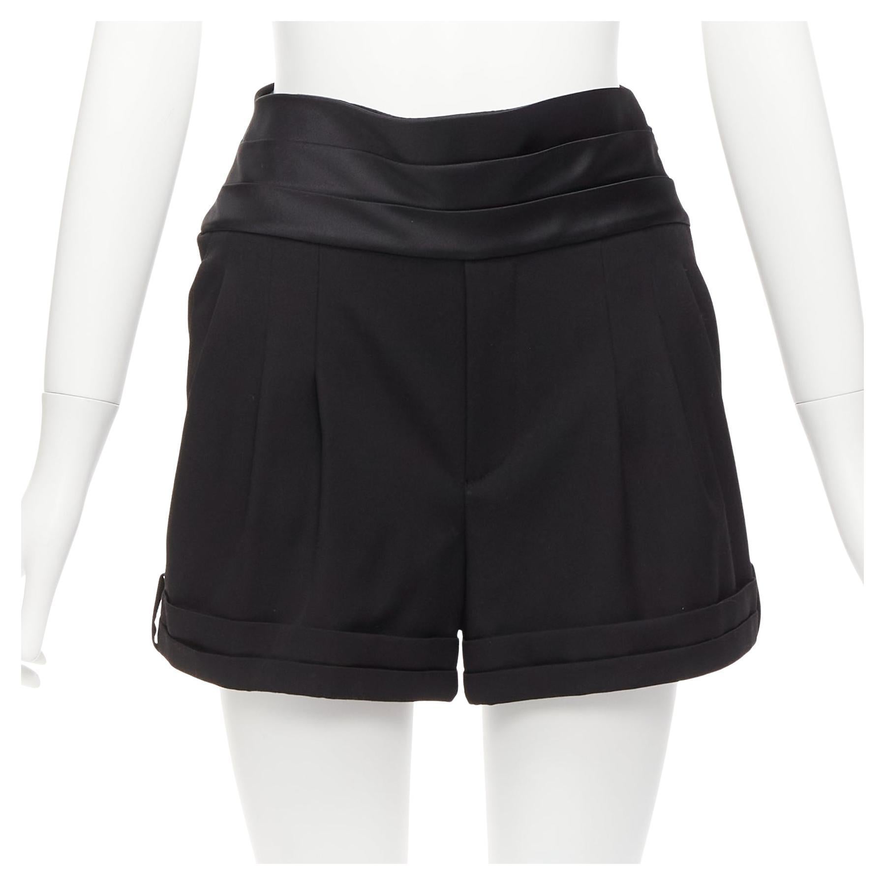 SAINT LAURENT 2019 black virgin wool cumberband high waist shorts FR36 S For Sale