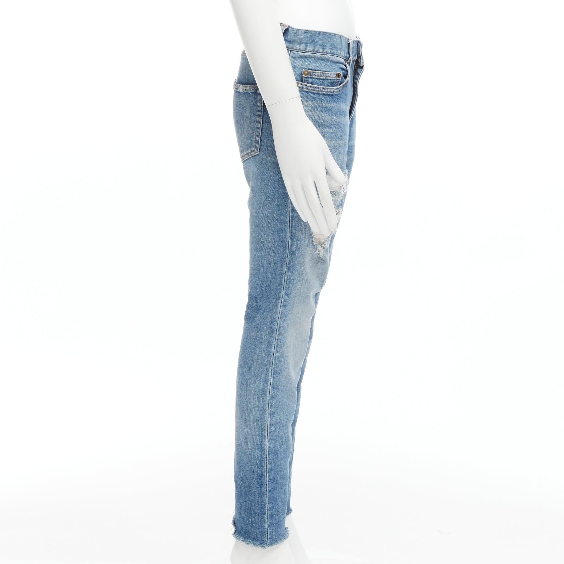 Men's SAINT LAURENT 2019 D09G blue skinny low waist distressed ripped jeans 29