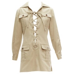 SAINT LAURENT 2019 khaki 100% cotton lace up deep V pocketed safari dress FR38 M
