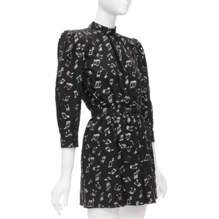 Black SAINT LAURENT 2019 Musical Note silver embroidered puff sleeve mini dress FR34 For Sale
