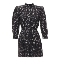 SAINT LAURENT 2019 Musical Note silver embroidered puff sleeve mini dress FR34