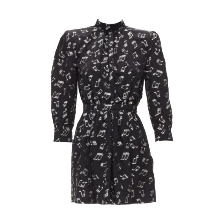 SAINT LAURENT 2019 Nota musical mini vestido de manga abullonada bordado plata FR34