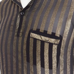 SAINT LAURENT 2019 Runway gold metallic lurex striped sheer polo shirt EU38 S