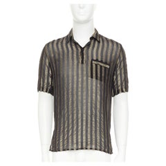 SAINT LAURENT 2019 Runway gold metallic lurex striped sheer polo shirt EU38 S