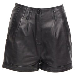 SAINT LAURENT 2020 black lambskin leather high waist pleated wide shorts FR34 XS