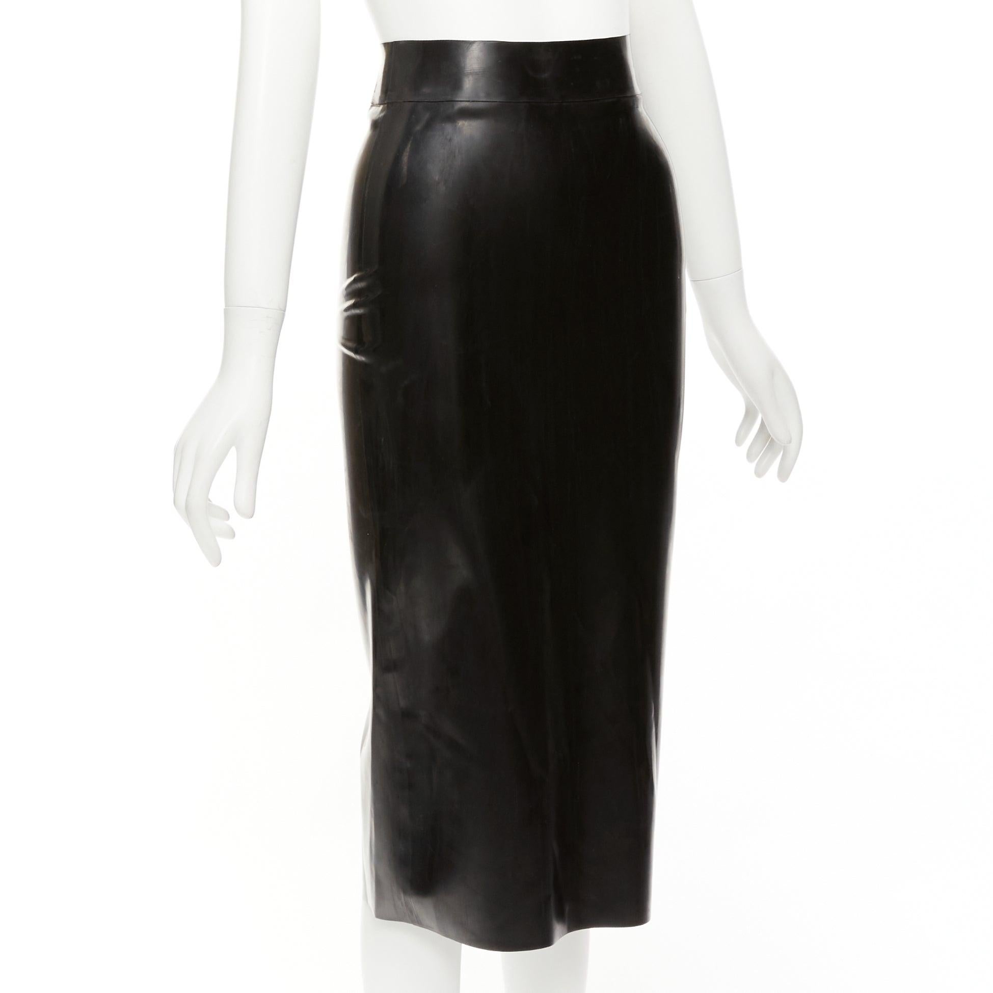 Women's SAINT LAURENT 2020 black latex back silver zip dominatrix pencil skirt FR34 XS For Sale