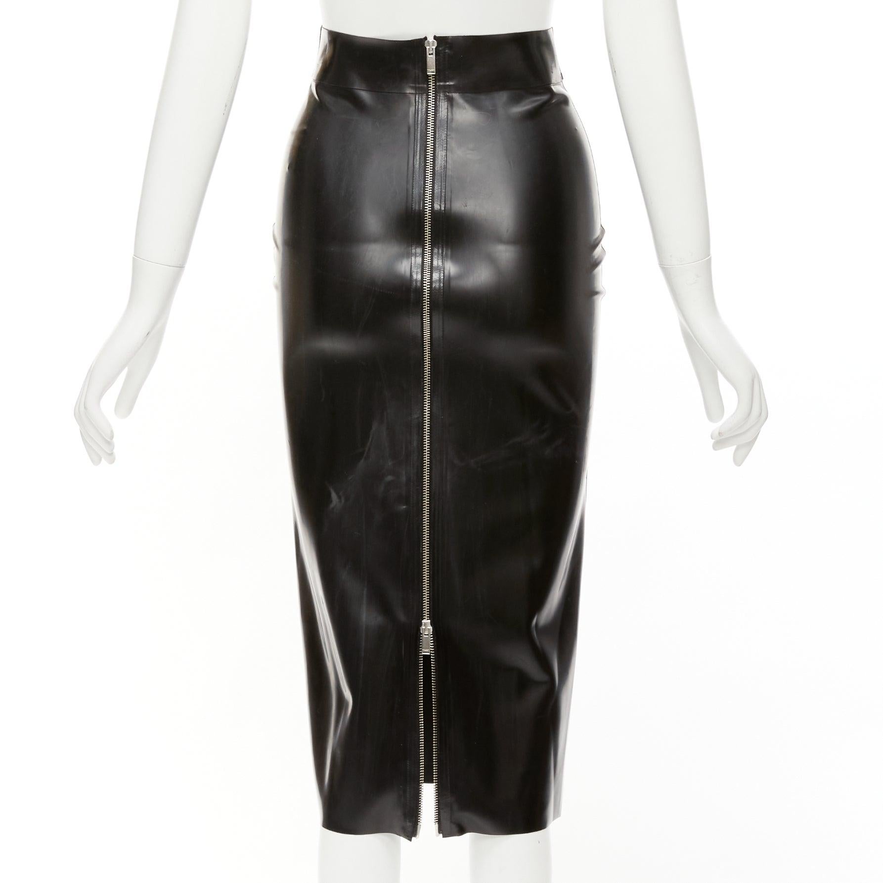 SAINT LAURENT 2020 black latex back silver zip dominatrix pencil skirt FR34 XS For Sale 2