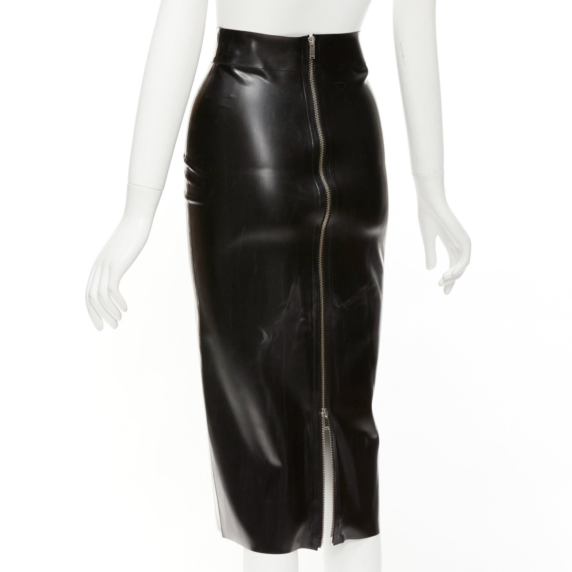 SAINT LAURENT 2020 black latex back silver zip dominatrix pencil skirt FR34 XS For Sale 3