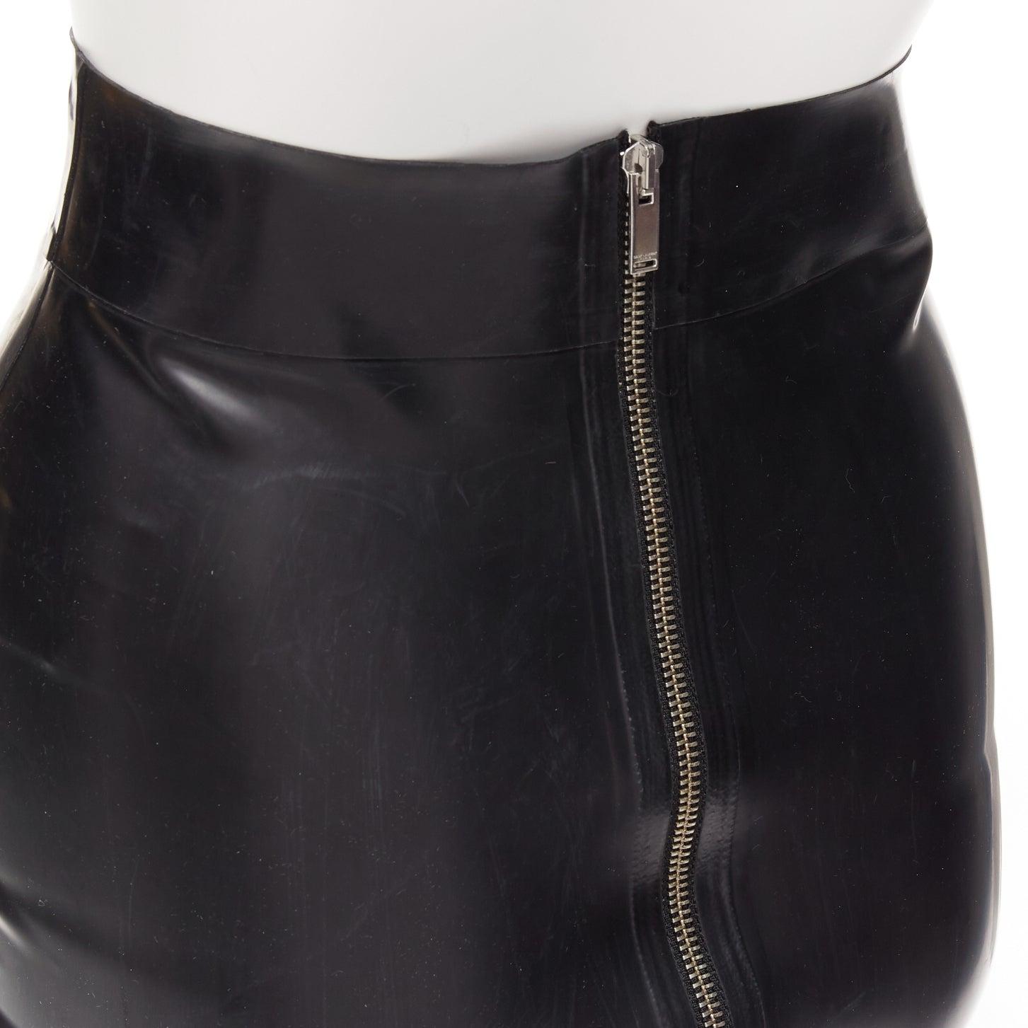 SAINT LAURENT 2020 black latex back silver zip dominatrix pencil skirt FR34 XS For Sale 4