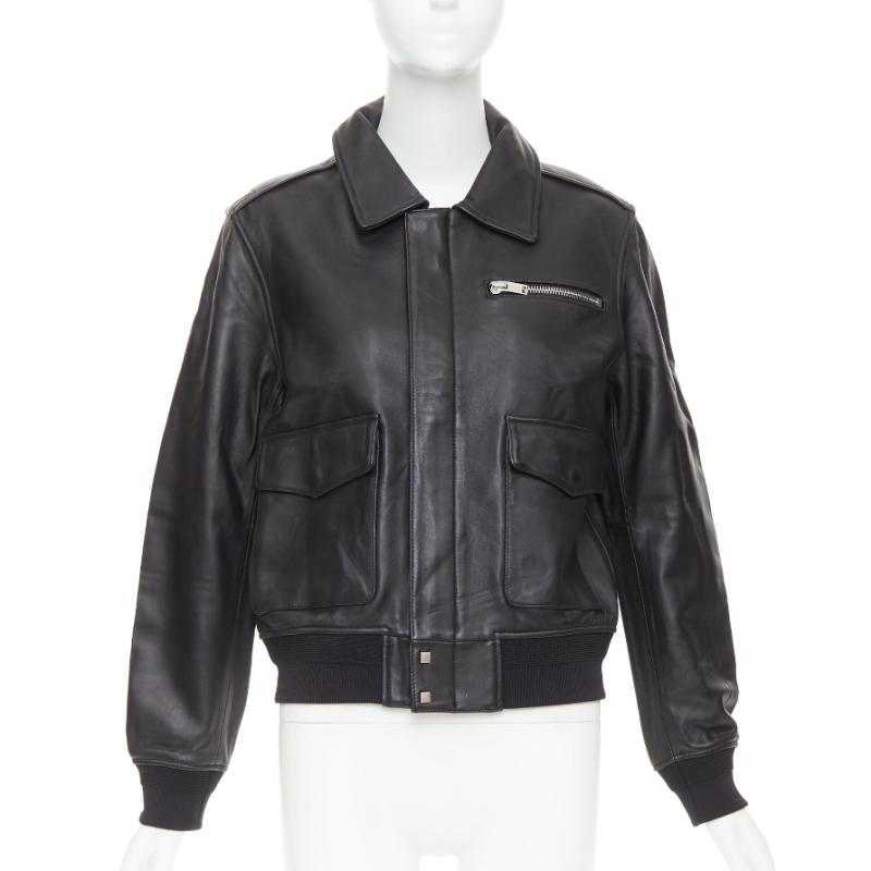 SAINT LAURENT 2020 black sheepskin leather pocketed flight jacket L