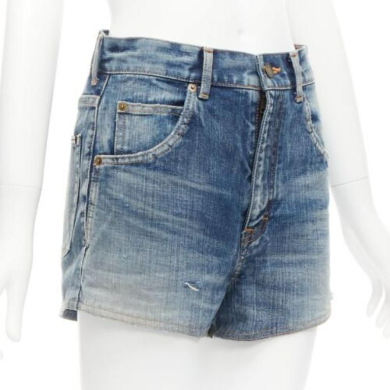 Gris Short taille haute SAINT LAURENT 2020 en jean lavé bleu vieilli de 29 pouces en vente