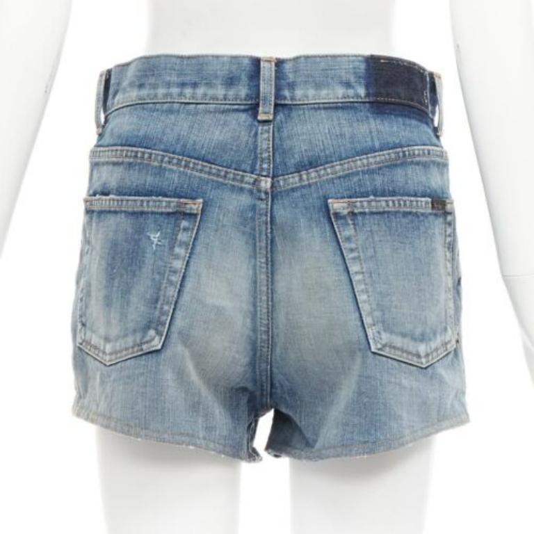 Short taille haute SAINT LAURENT 2020 en jean lavé bleu vieilli de 29 pouces en vente 1