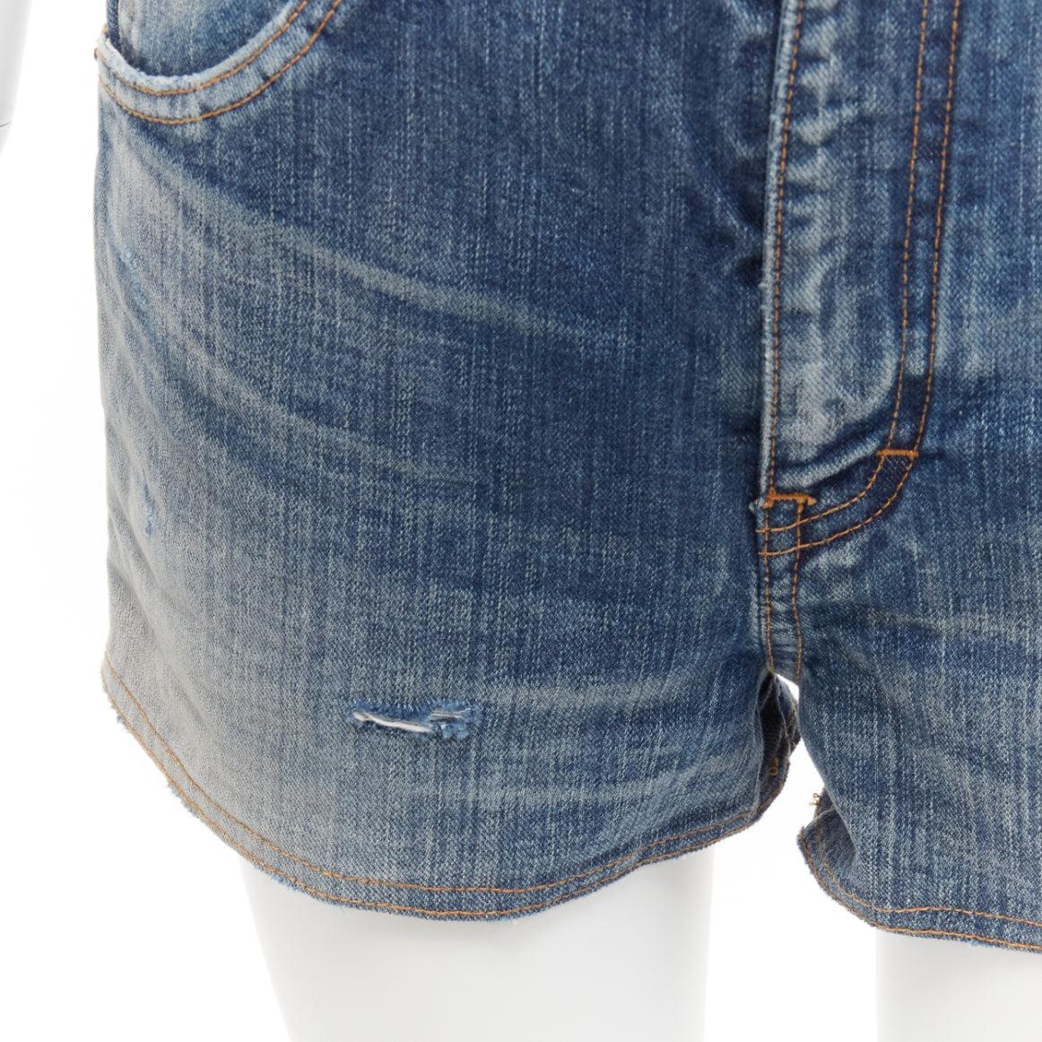 SAINT LAURENT 2020 Blaue, distressed, gewaschene Denim-Shorts mit hoher Taille 29