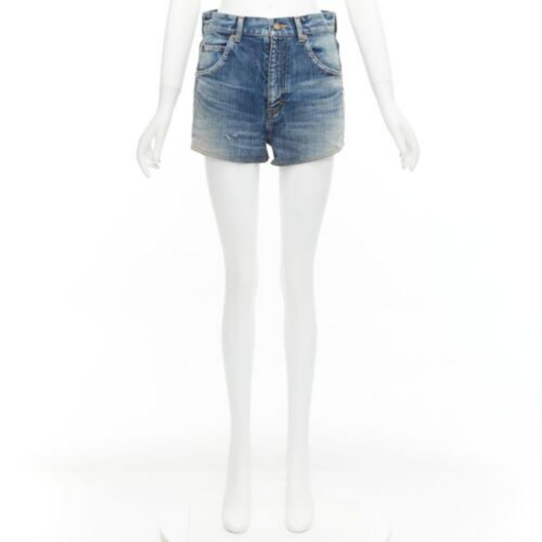Short taille haute SAINT LAURENT 2020 en jean lavé bleu vieilli de 29 pouces en vente 5